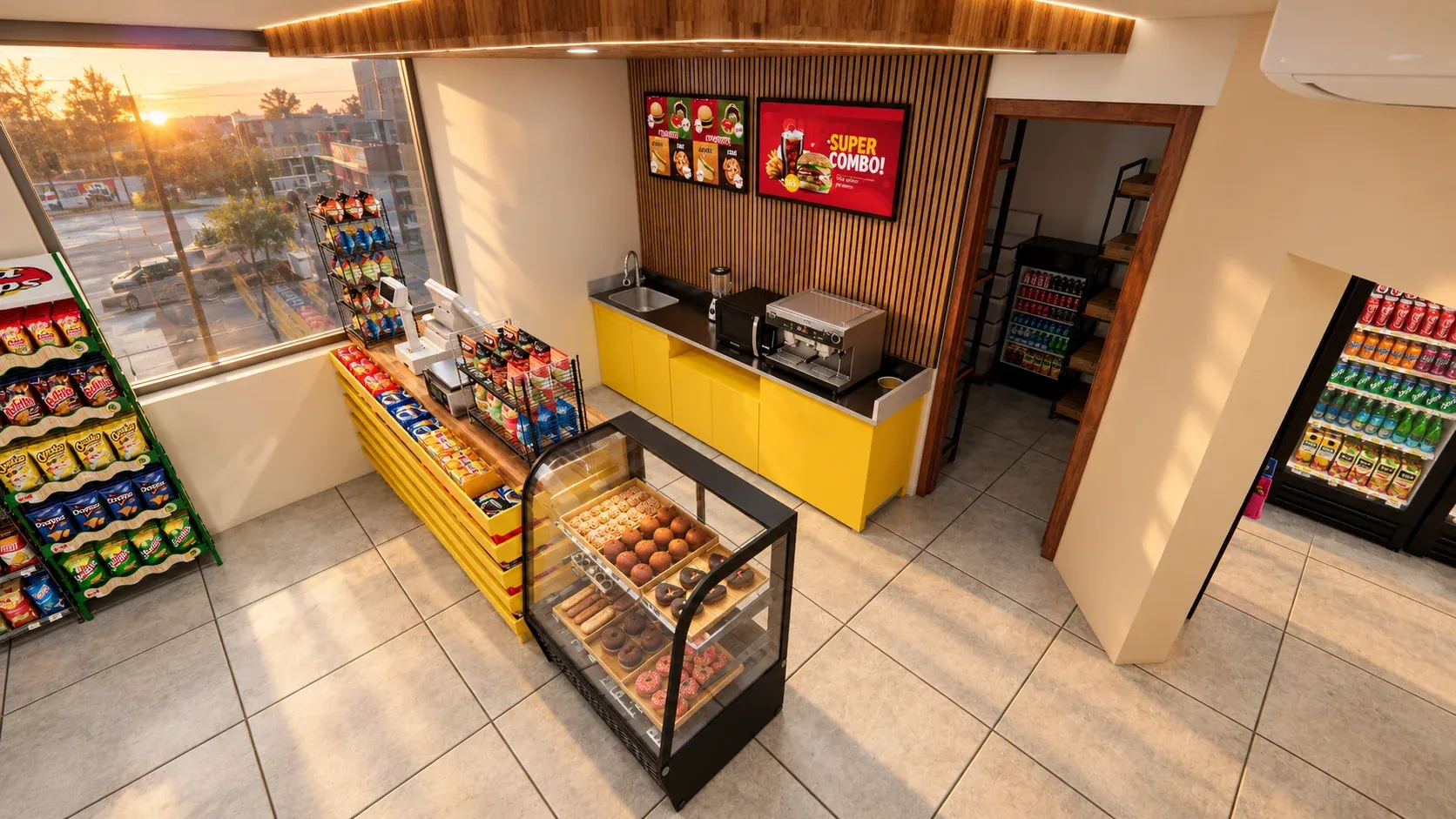 Minimarket Ali Xpres · Vista 13. Layout comercial, góndolas y exhibición