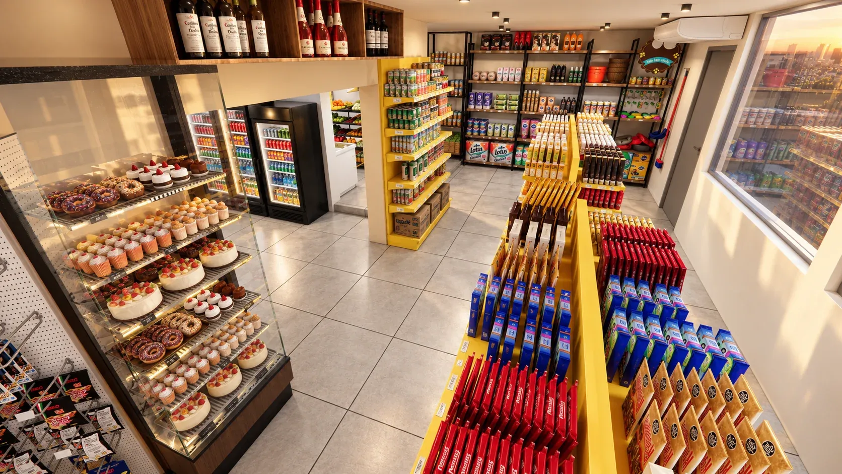 Minimarket Ali Xpres · Vista 17. Layout comercial, góndolas y exhibición