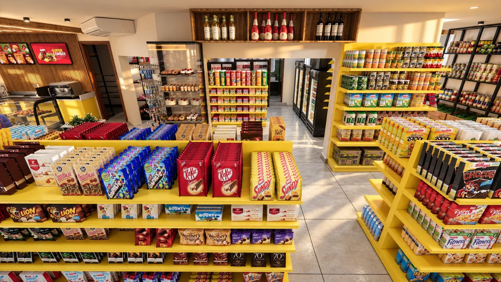 Minimarket Ali Xpres · Vista 19. Layout comercial, góndolas y exhibición