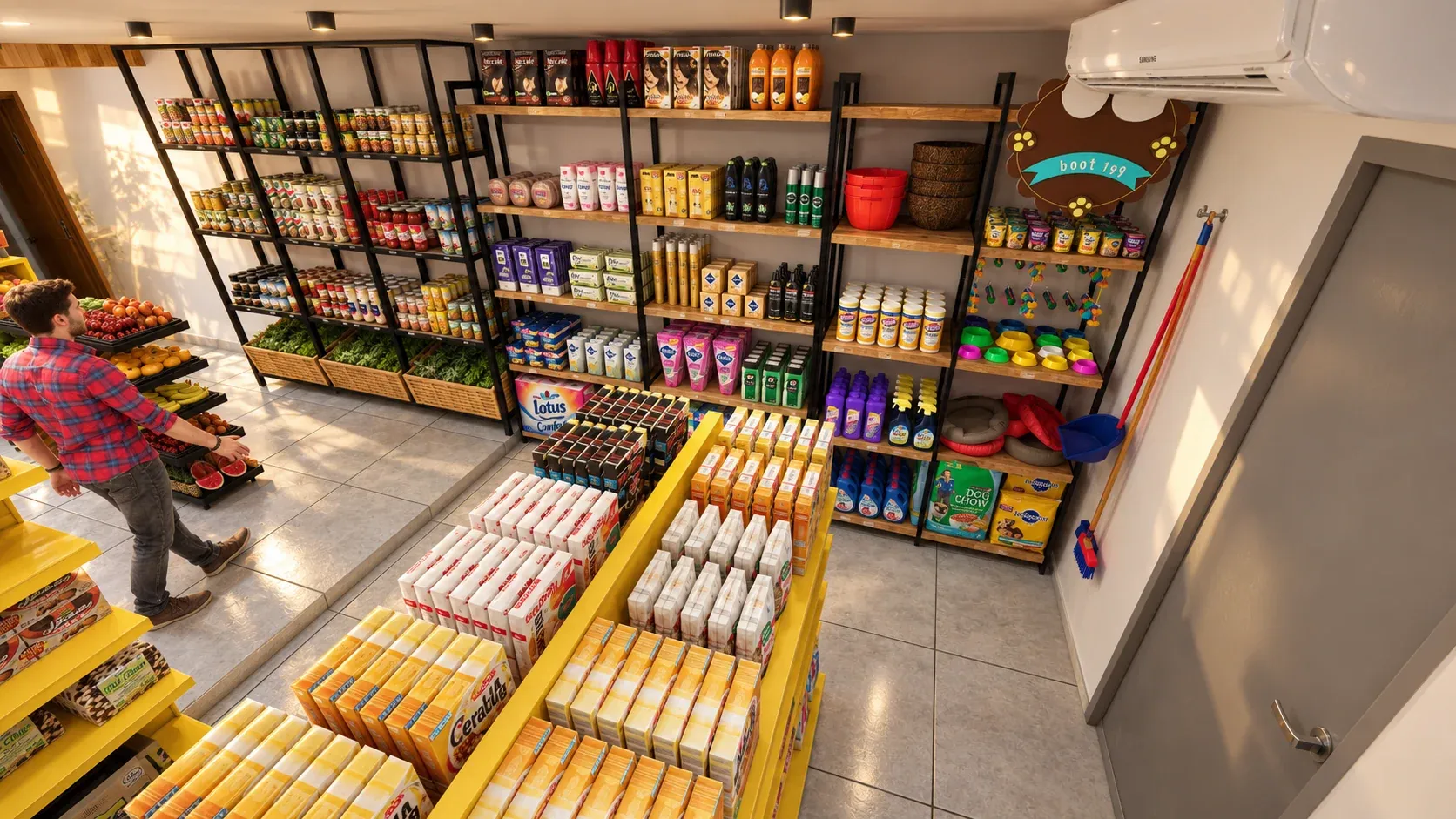 Minimarket Ali Xpres · Vista 21. Layout comercial, góndolas y exhibición