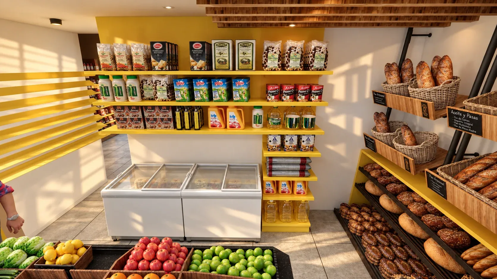 Minimarket Ali Xpres · Vista 26. Layout comercial, góndolas y exhibición