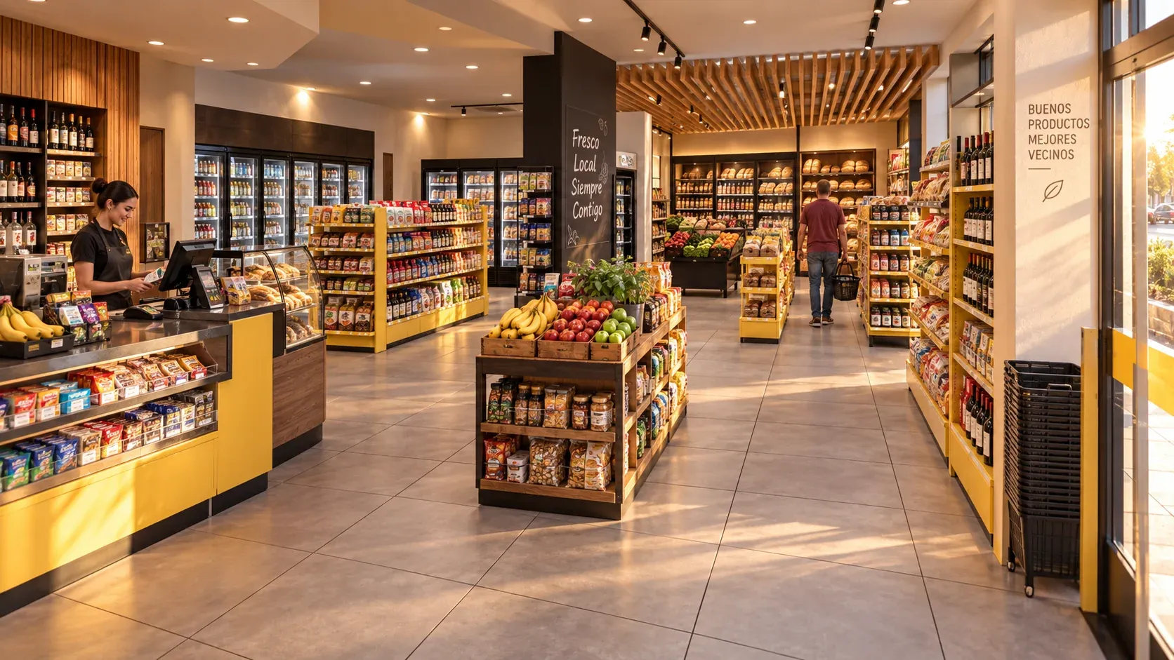 Minimarket Ali Xpres · Vista 30. Layout comercial, góndolas y exhibición