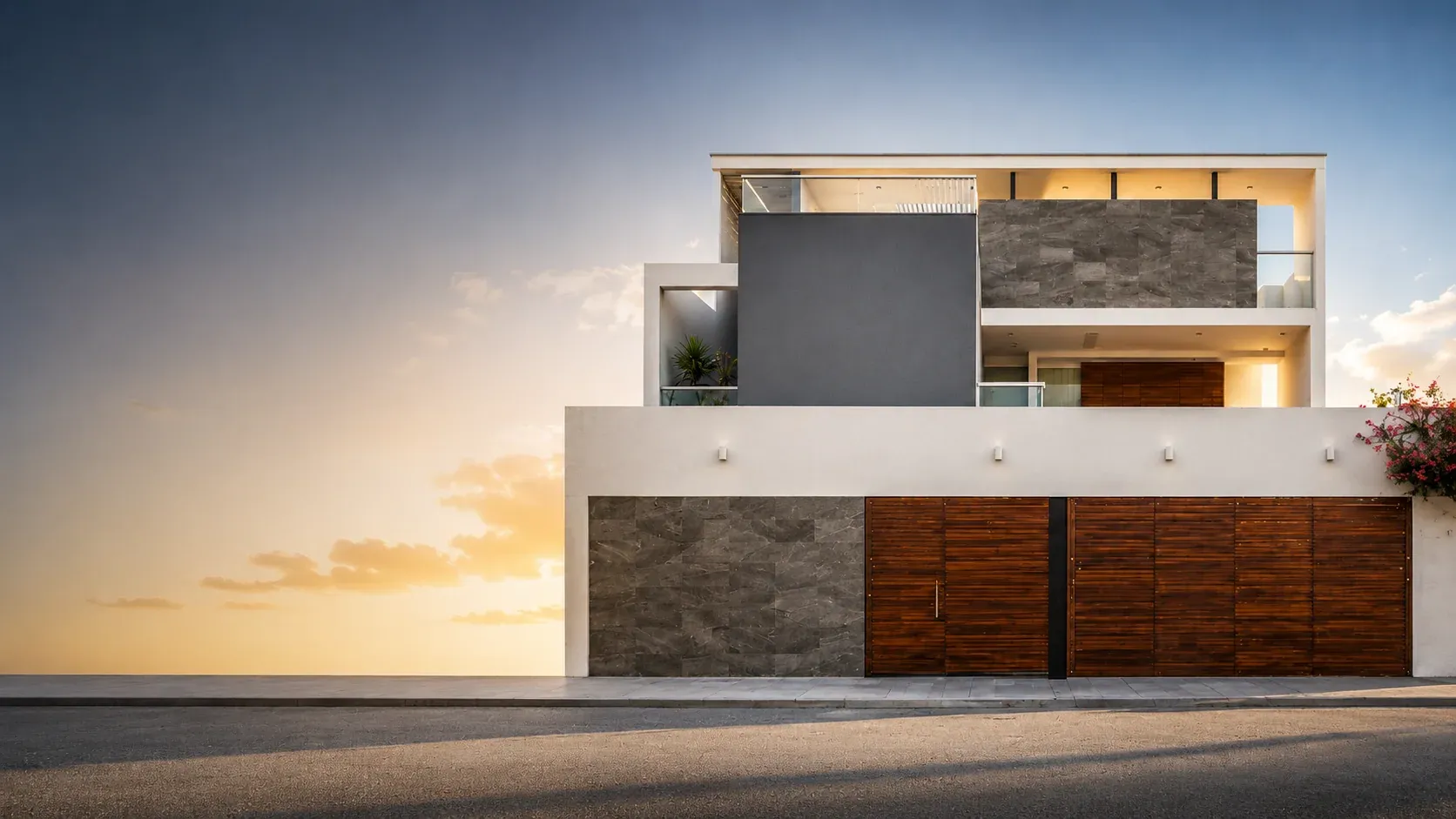 Vivienda contemporánea de dos niveles al atardecer: fachada de concreto blanco, revestimiento de piedra gris, portón de madera y luz cálida en los interiores