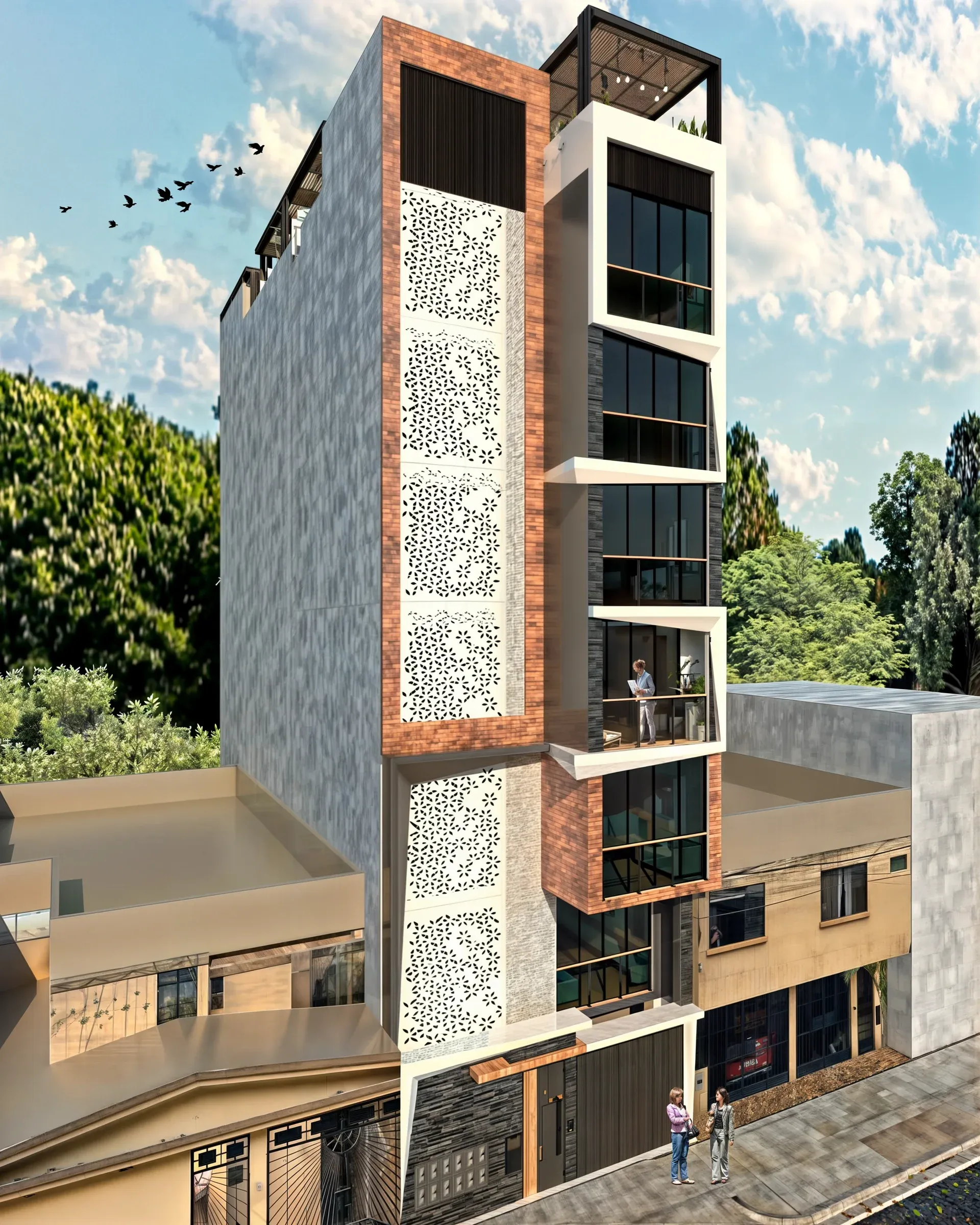 Multifamiliar Los Olivos · Vista 13. Propuestas de fachada en panel perforado
