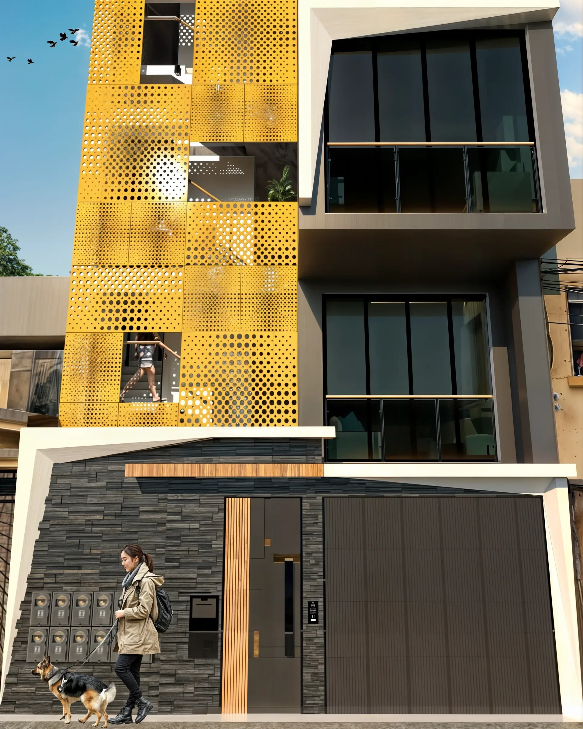 Multifamiliar Los Olivos · Vista 02. Propuestas de fachada en panel perforado