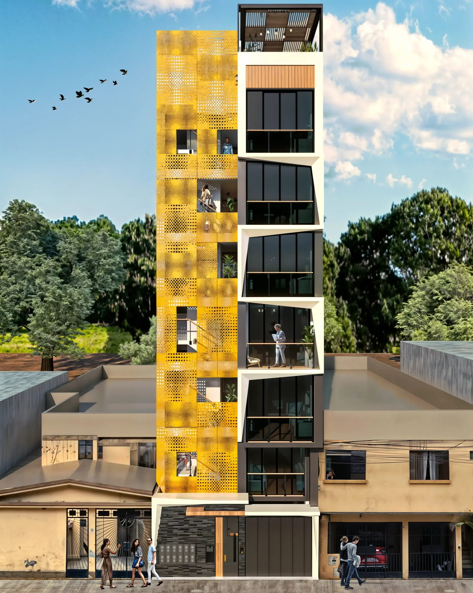 Multifamiliar Los Olivos · Vista 05. Propuestas de fachada en panel perforado