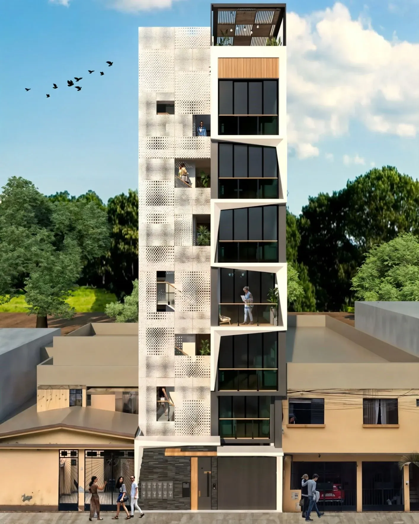 Multifamiliar Los Olivos · Vista 06. Propuestas de fachada en panel perforado