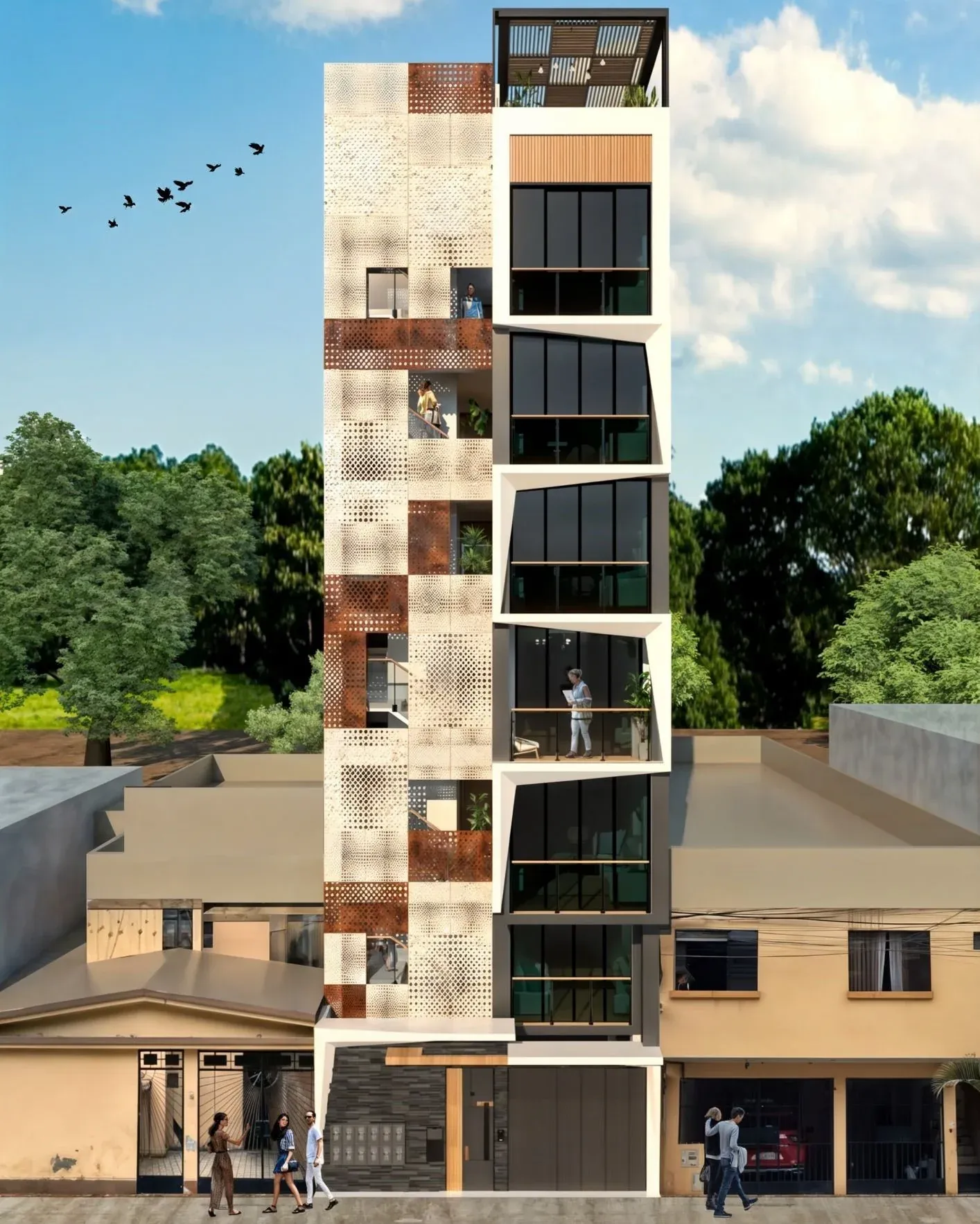 Multifamiliar Los Olivos · Vista 07. Propuestas de fachada en panel perforado