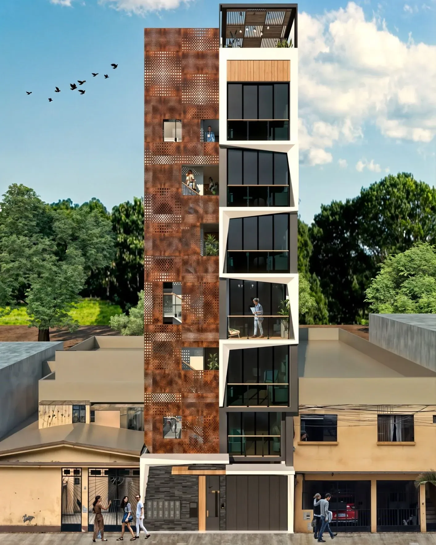 Multifamiliar Los Olivos · Vista 08. Propuestas de fachada en panel perforado